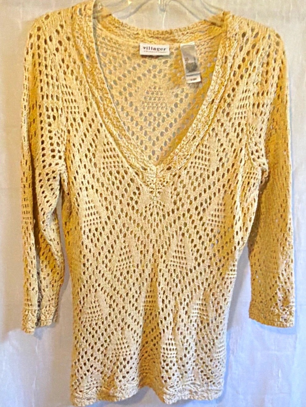 Villager Women's Cream Open-Knit V-Neck Sweater